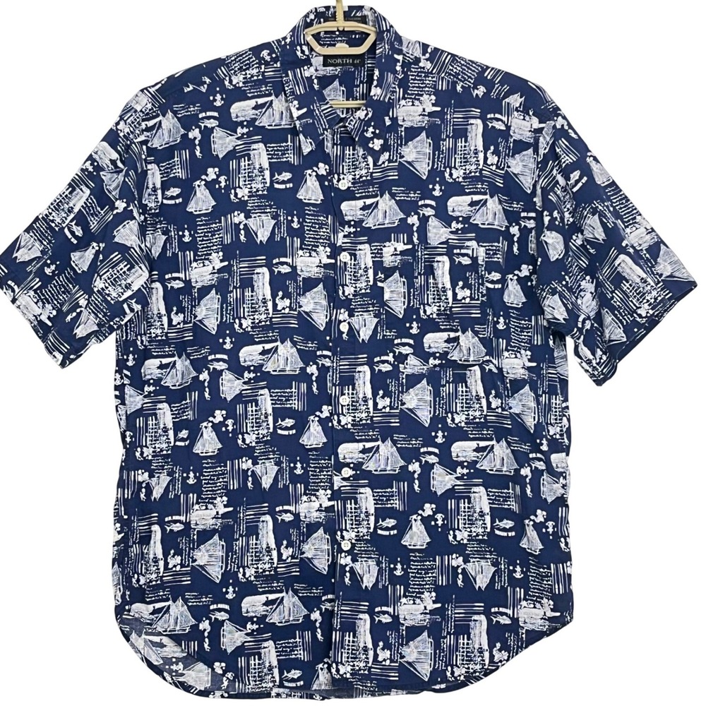 North 44 Mens Shirt L‎ Blue Short Sleeve Cotton Nautical Sailboat US Naval Fish